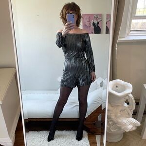 SILVER GREY BLACK OFF THE SHOULDER ROMPER METALLIC STRETCH LONG SLEEVE